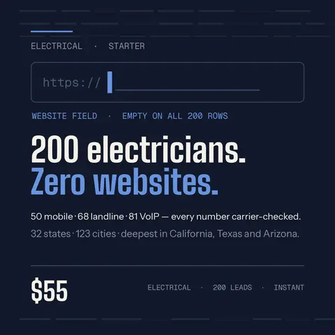 [200 Electrical] No-Website Business Leads: Zero Websites, 123 Cities